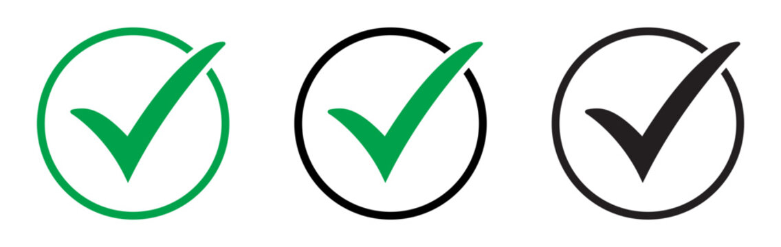 Check mark icon set in circles. Green and black tick signs, ok and approve symbols line art