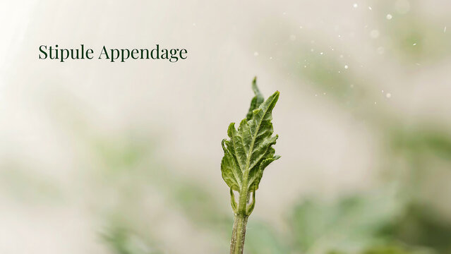 A closeup view of a stipule appendage on a plant stem with a blurry green and white background and small water droplets