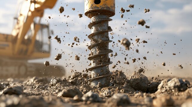 Screw Pile Installation Process on Wet Soil at Construction Site With Heavy Machinery in Action