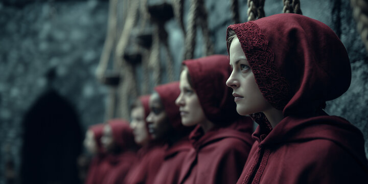 A line of women in red cloaks and bonnets standing at a wall with hangman's ropes. Foreboding, threatening image of handmaids.