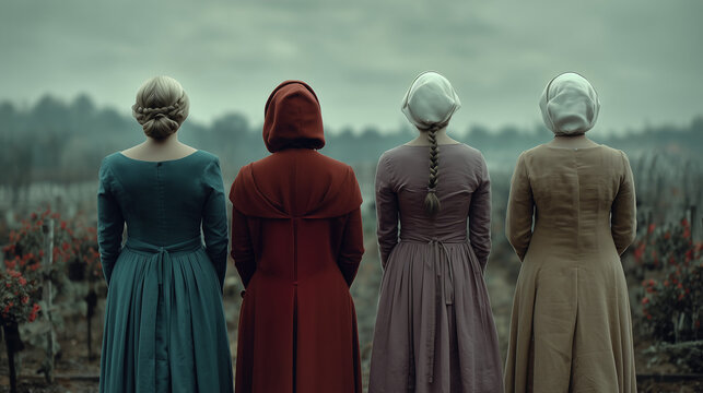Back View of Women in Modest Clothing from Different Social Classes in a Dystopian Theocracy in a Field.