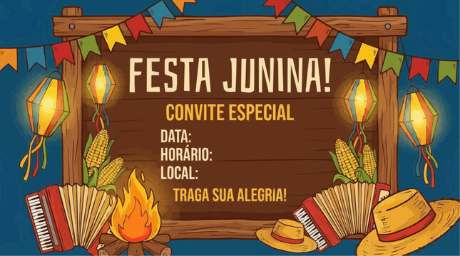 Festa Junina invitation with traditional elements like lanterns, corn, accordion, bonfire and straw hats