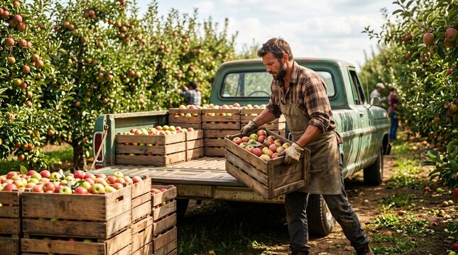 Farmer loads crates of fresh apples into a vintage truck during harvest season in an orchard