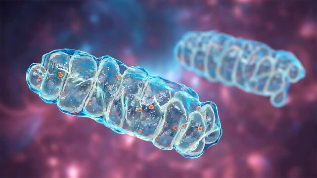 Mitochondria, 3D animation showing slowly rotating organelles with detailed cristae structure, illustrating cellular respiration and ATP production.