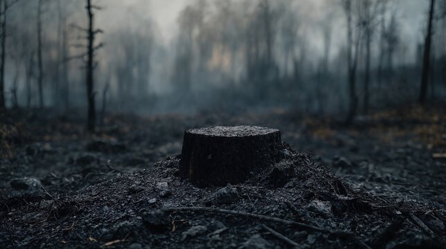 Charred tree stump covered in ash after wildfire representing climate crisis devastation
