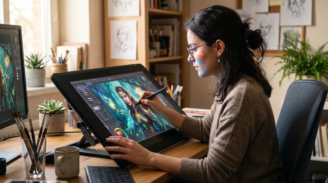 Young female artist creating digital fantasy art on a drawing tablet in a bright studio with plants and sketches on the wall