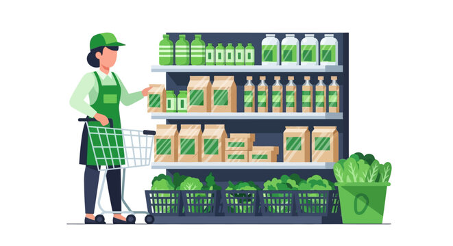 Grocery Store Employee Stocking Shelves with Organic Products, Eco-Friendly Supermarket Concept Vector Illustration