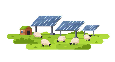 Naklejka premium Agrivoltaics Illustration with Solar Panels and Sheep Grazing on a Green Meadow. Sustainable Energy and Eco-Friendly Agriculture Concept for Renewable Power.