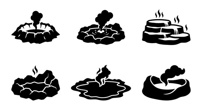 Hot Spring Icons, Geyser Set, Volcanic Vent Graphics, Natural Spa Elements, Steam Vents, Geothermal Activity Vector Collection