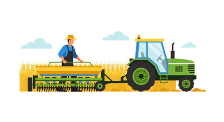 Obraz premium Farmer Operating Green Tractor with Seed Drill Attachment in Golden Wheat Field Flat Vector Illustration Isolated on White Background