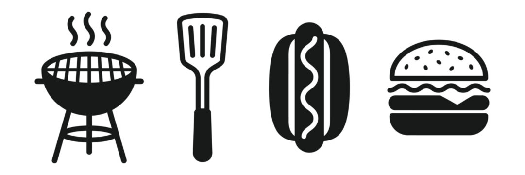 Barbecue icons set grill spatula hot dog and hamburger vector illustration