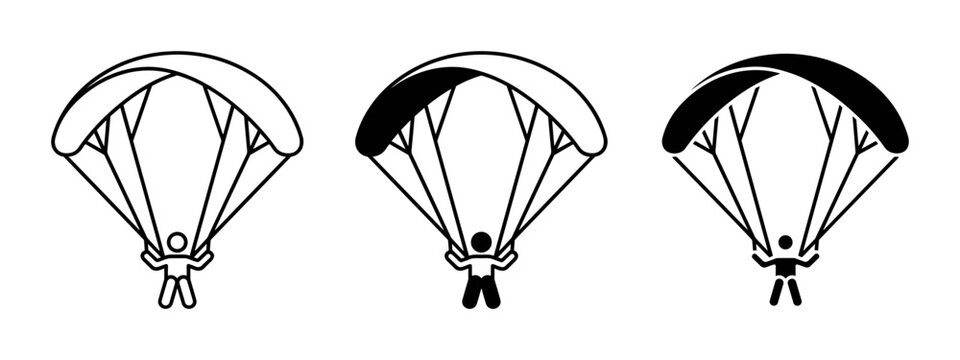 Parachute Icons: Skydiver Descent, Extreme Sports Vector Graphics, Adventure Activity Symbols