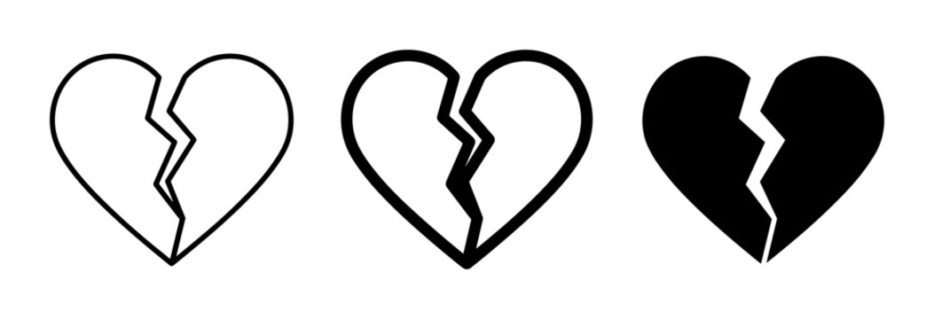 Broken Heart Icons Set: Outline, Filled Outline, and Solid Black Vector Graphics for Love Loss Concepts