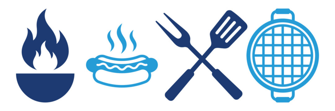 Bbq and grilling icons set with flame hot dog utensils and grill