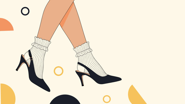 Fashionable woman walking in black slingback high heel shoes worn over white frilly ruffled socks on a pattern background.