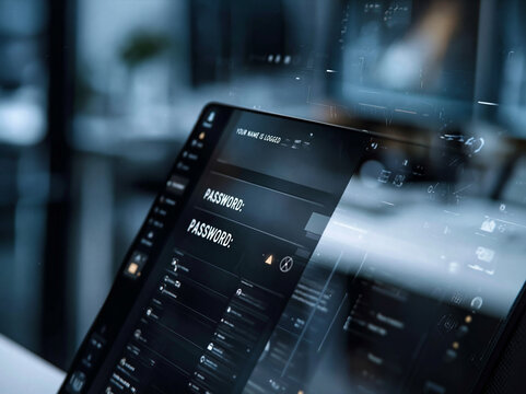 Zaawansowany panel cyfrowy z polem logowania &bdquo;PASSWORD:&rdquo; ukazuje skomplikowany interfejs systemowy. Techniczna estetyka i głęboka czerń podkreślają nowoczesny charakter cyfrowej ochrony danych.