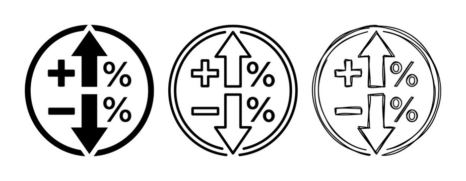 Percentage Change Icons: Up and Down Arrows, Plus and Minus Symbols, Growth and Decline Indicators, Financial Metrics, 3 Variations