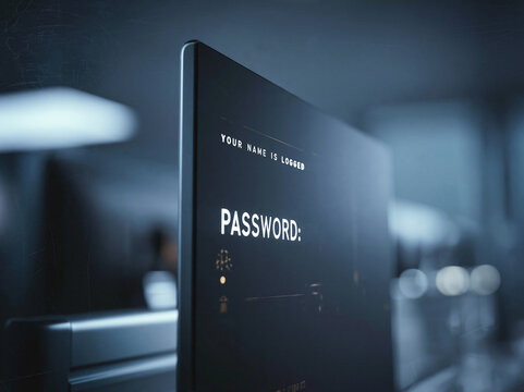 Minimalistyczny, ciemny ekran z wyraźnym napisem &bdquo;PASSWORD:&rdquo; stanowi centralny punkt nowoczesnego interfejsu. Surowa estetyka i stonowana kolorystyka podkreślają profesjonalny charakter zabezpieczeń.