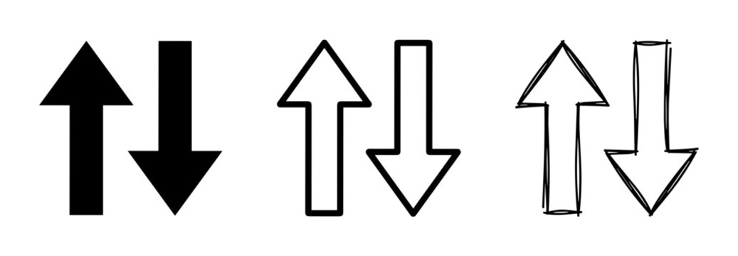 Up and Down Arrows: Black Solid, Outline, and Sketch Styles for Directional Concepts