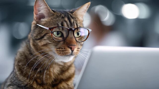 Tiger cat wears glasses with focused eyes