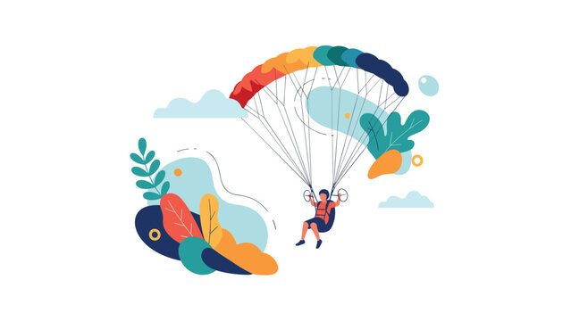 Adventurous person goes paragliding high in a stylized world of colorful autumn leaves and white fluffy clouds in the sky.