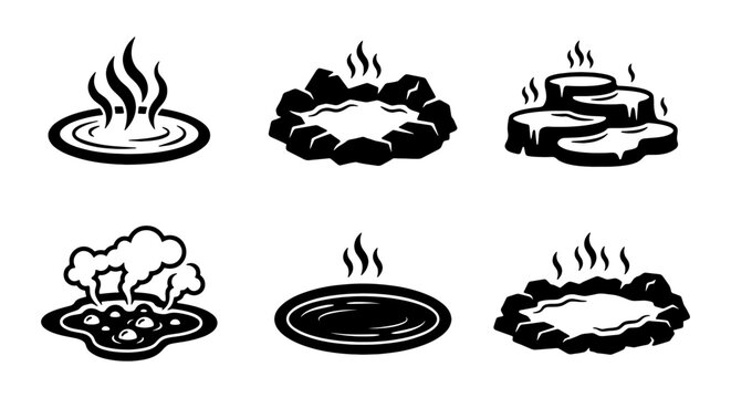 Hot Spring Icons, Onsen Symbols, Geothermal Pools, Steam Vents, Mineral Baths, Relaxation Elements, Vector Set