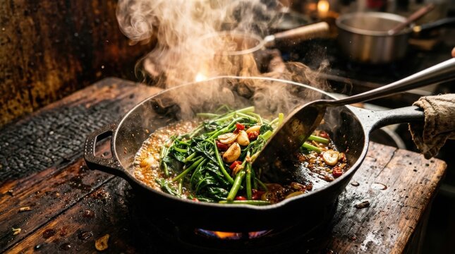 Fresh green water spinach sizzling on a rustic hotplate with aromatic garlic cloves and red chili, capturing the intense steam and culinary energy of traditional professional kitchen cooking.