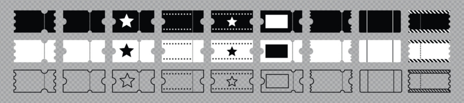 Ticket stubs with star and square shapes black and white vector illustration