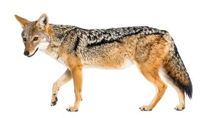 Obraz premium Side view of a blackbacked jackal walking, isolated on transparent background