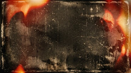 Naklejka premium Film border overlay displays intense orange light leaks and a heavily scratched surface for authentic retro effects.