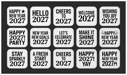 Naklejka premium Square 2027 new year celebration labels and decorative badge vector set with celebration typography stickers greeting seasonal minimalist monochrome collection calendar elements template