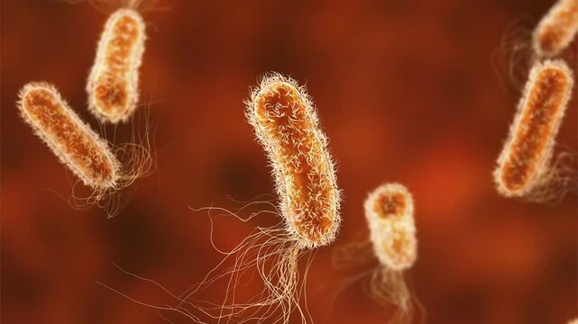 Pseudomonas aeruginosa bacteria, 3D animation showing slowly rotating gram-negative rod-shaped cells, illustrating opportunistic pathogen and biofilm formation.