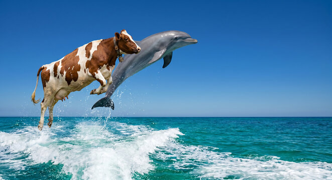 Funny surreal concept of a brown and white cow leaping out of the ocean alongside a jumping dolphin for playful advertising designs