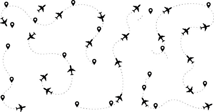 Airplane Flight Route Dotted Line Path Collection with Map Pin Icons Vector Set Isolated on White Background for Travel Designs