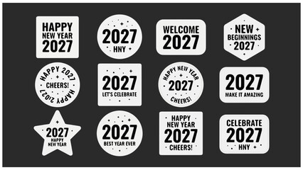 Fototapeta premium Happy new year 2027 vector sticker set with decorative designs celebration greeting seasonal typography illustration celebrate beginnings collection minimalist template decorative