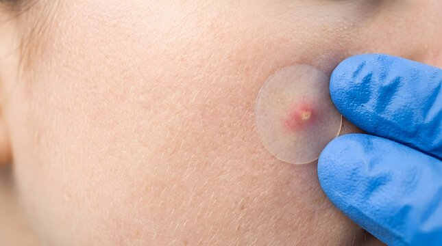 Doctor hands in blue gloves applying clear hydrocolloid pimple patch onto red acne spot on cheek