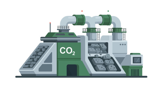 Carbon Capture and Storage Facility Illustration, CO2 Removal Technology for Climate Change Mitigation, Industrial Carbon Sequestration Plant Flat Vector Design