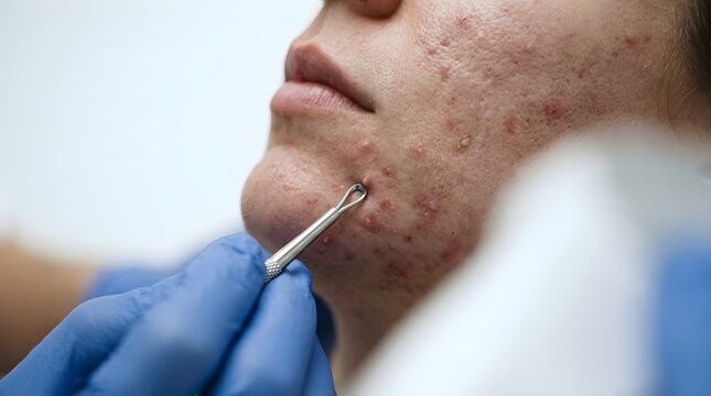 Close up of dermatologist using metal comedone extractor to pop acne pimple on patient chin
