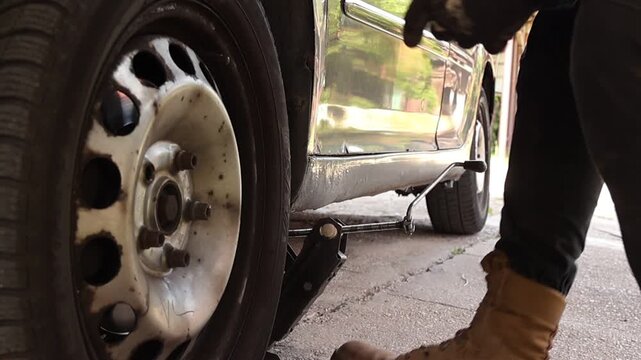 Close up of a mechanic positioning a cordless impact wrench onto a wheel lug nut before removal. Gloved hands prepare for automotive maintenance on a vehicle wheel outdoors.