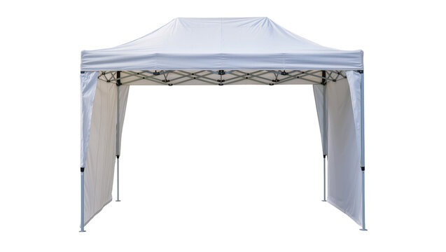 White pop-up canopy tent with metal frame and fabric walls, isolated on transparent background