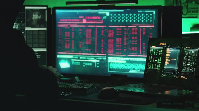 Anonymous hacker typing on keyboard and selecting stolen credit card data