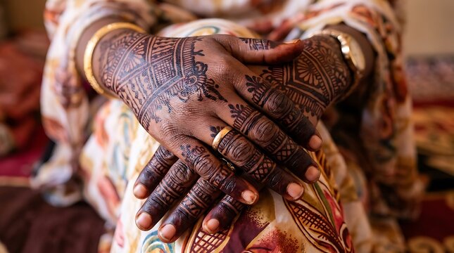 Intricate henna designs on hands with gold jewelry and patterns