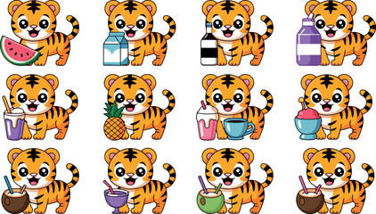 Obraz premium Cute Cartoon Tiger Cub Mascot Character Set Featuring Festive Tropical Fruit Snacks Drinks Coffee Milk and Shaved Ice for Children Sticker Layout Designs