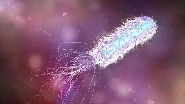 Pseudomonas aeruginosa bacteria, 3D animation showing slowly rotating gram-negative rod-shaped cells, illustrating opportunistic pathogen and biofilm formation.