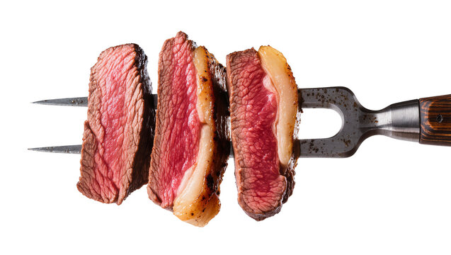 Three juicy rare steak slices on a metal fork, isolated on transparent background