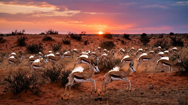Mass Springbok Pronking Spectacle at Kalahari Sunset, Thirty Airborne Antelope Leaping in Unison Across Red Desert Landscape