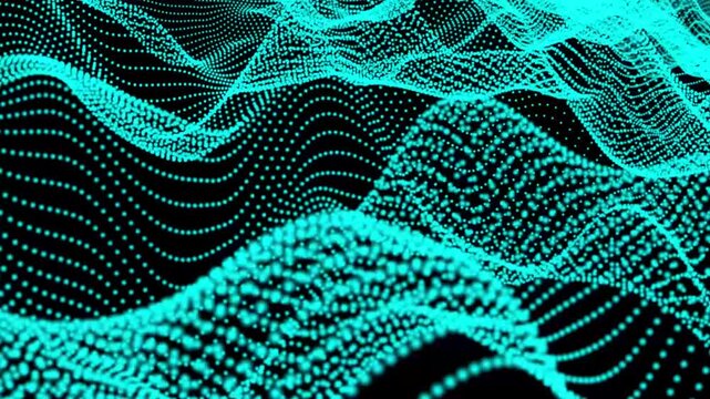 Close up of blue digital data stream with binary code and glowing