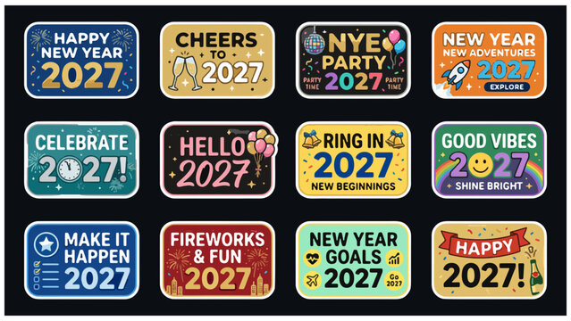 Collection of rectangular happy new year 2027 labels and decorative party stickers with stickers celebration greeting graphics collection rectangles fireworks balloons adventure beginning