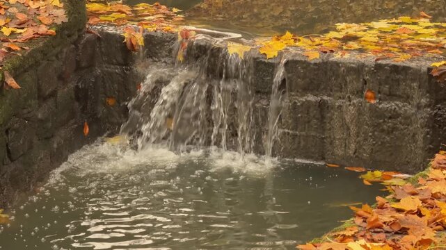 Flowing waterfall surrounded by colorful autumn leaves. Dynamic natural scene symbolizing energy, movement and continuous progress.