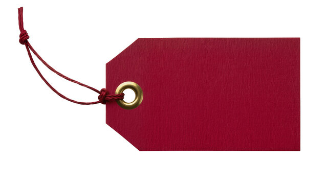 Rectangular red paper tag with brass grommet and string, isolated on transparent background
